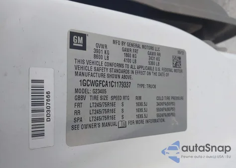 2012 Chevrolet Express 2500 Work Van z USA, uszkodzony, nr VIN 1GCWGFCA1C1179337